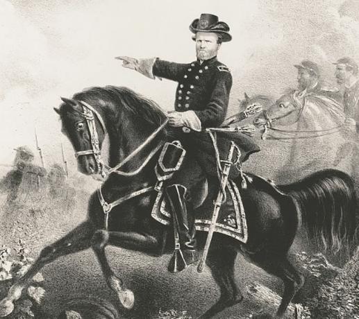 Général de division George H. Thomas en uniforme de l'armée américaine à califourchon sur un cheval noir.