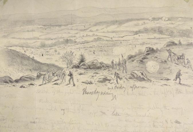 Positions de l'Union sur Little Round Top illustrées dans un croquis en temps de guerre de l'artiste Edwin Forbes