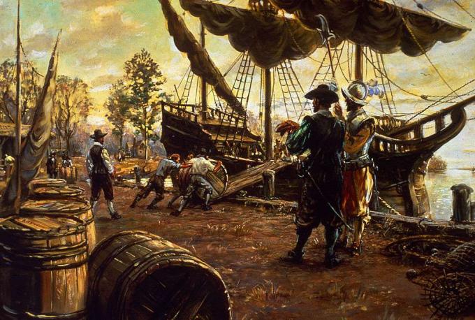 Les colons roulent des barils de tabac sur une rampe et sur un navire en vue de l'exportation, Jamestown, Virginie, 1615.