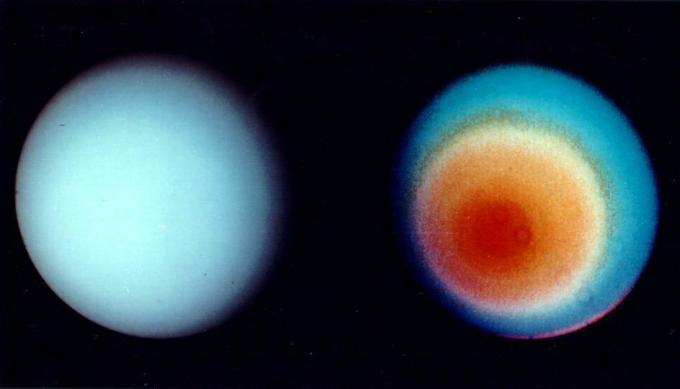 Deux vues d'Uranus depuis Voyager 2.