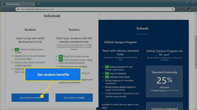 Une capture d'écran de la page d'inscription aux avantages étudiants GitHub.