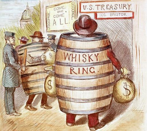 Une caricature politique sur le scandale du Whisky Ring qui s'est produit pendant le second mandat du président Grant.
