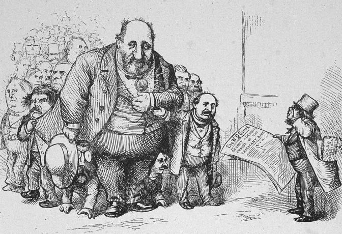 Caricature de Thomas Nast montrant un lecteur du New York Times face à Boss Tweed.