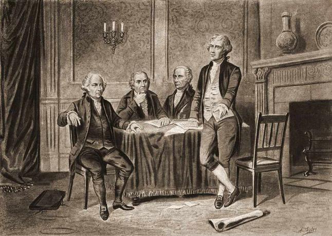 Illustration de quatre des pères fondateurs des États-Unis, de gauche à droite, John Adams, Robert Morris, Alexander Hamilton et Thomas Jefferson, 1774.