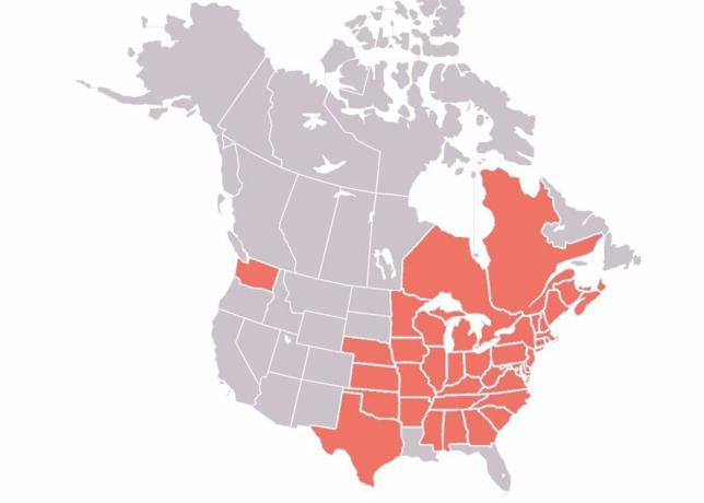 Répartition du syndrome du nez blanc en Amérique du Nord en 2018.