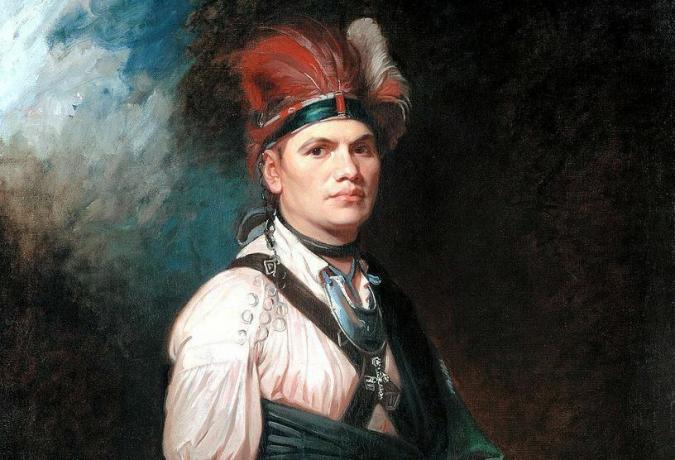 Joseph Brant en robe amérindienne avec coiffe