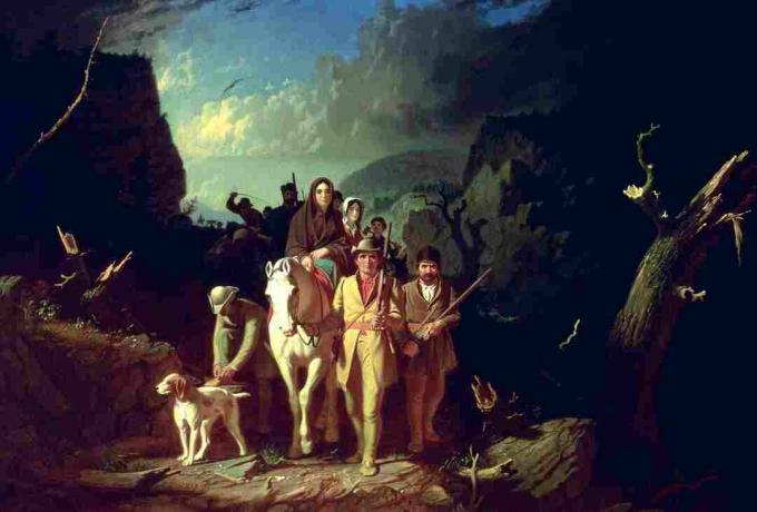 Peinture en couleur de Daniel Boone menant des colons sur la Wilderness Road.