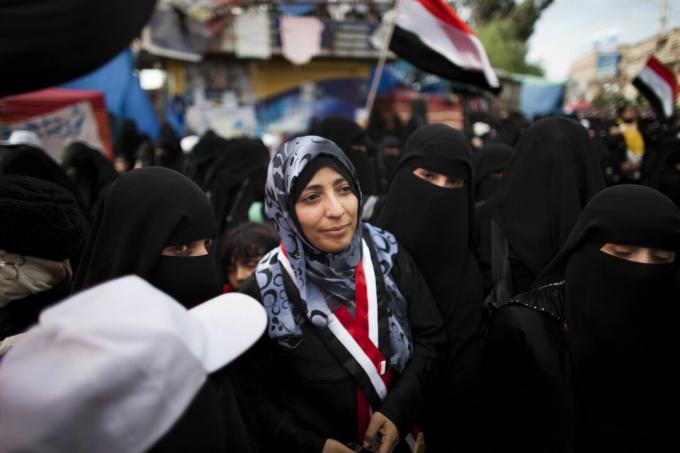 Tawakul Karman, présidente de Women Journalists Without Chains, sur le site de protestation anti-gouvernemental en face de l'Université de Sana le 11 mars 2011