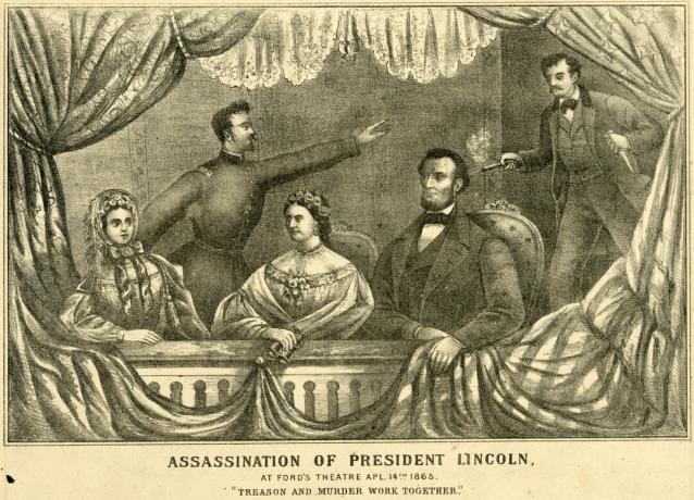 L'assassinat du président Lincoln au Ford's Theatre, le 14 avril 1865, comme le montre cette lithographie de H.H.Loyd & Co.