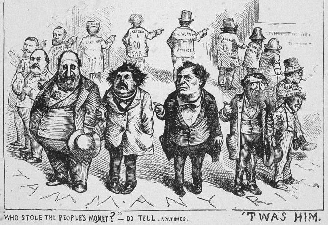 Caricature de Thomas Nast de membres du Tweed Ring pointant tous vers quelqu'un d'autre.