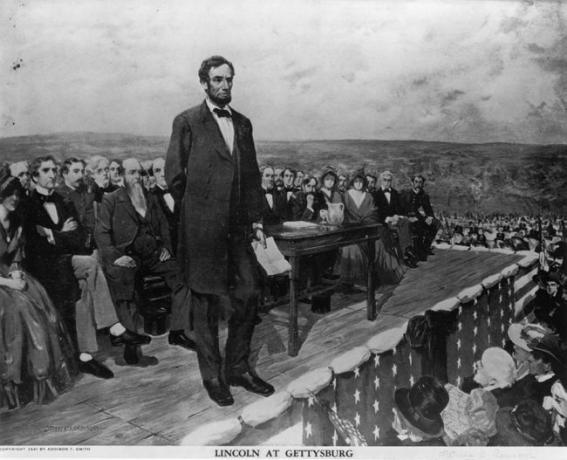 Abraham Lincoln, le 16e président des États-Unis d'Amérique, prononçant son célèbre discours « Adresse de Gettysburg », le 19 novembre 1863.