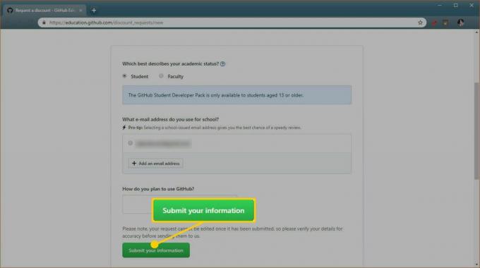 Une capture d'écran du formulaire de demande d'avantage étudiant GitHub.