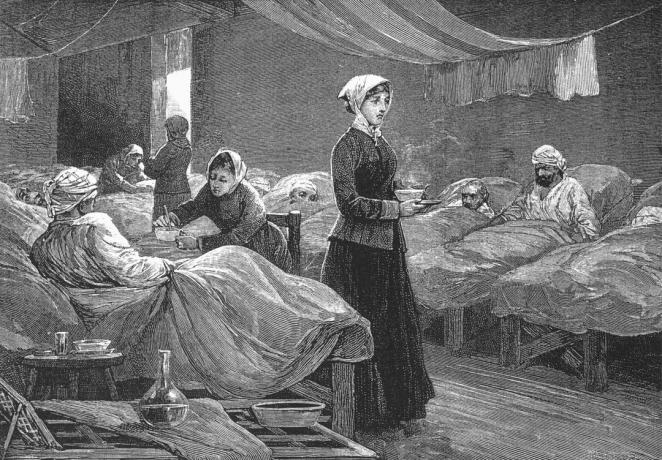 Mlle Nightingale à l'hôpital Barrack de Scutari, vers 1880 (gravure sur bois)