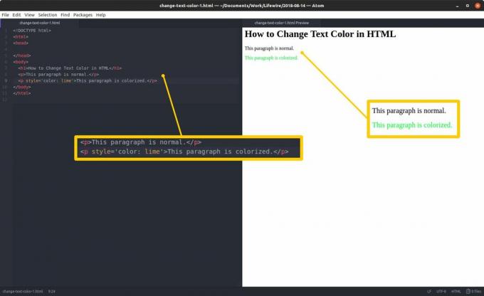 Éditeur de code avec HTML et sections en surbrillance à gauche et aperçu HTML et résultats en surbrillance à droite