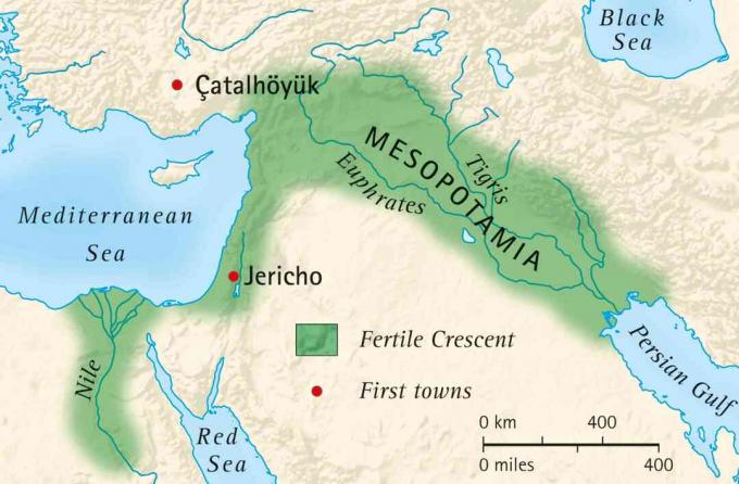 Carte du croissant fertile de la Mésopotamie et de l'Égypte et localisation des premières villes