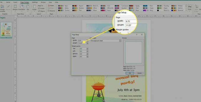 Une capture d'écran de la fenêtre Configuration de la page dans Publisher avec les dimensions de la page en surbrillance