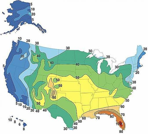 Une carte montrant le nombre moyen de jours d'orage chaque année aux États-Unis (2010)