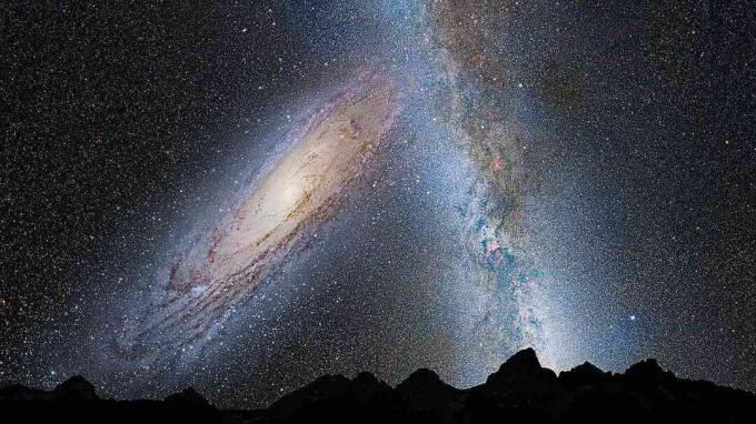 Andromède et la Voie lactée en collision, vus de la surface d'une planète à l'intérieur de notre galaxie.