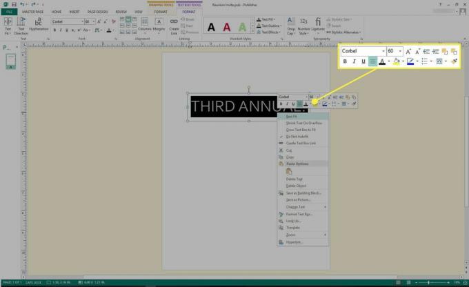 Une capture d'écran de Microsoft Publisher avec les outils de formatage de texte mis en surbrillance