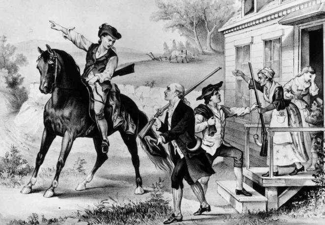 1774: Un rassemblement de minutemen - milice coloniale de la Nouvelle-Angleterre qui étaient prêts à combattre les Britanniques à tout moment.