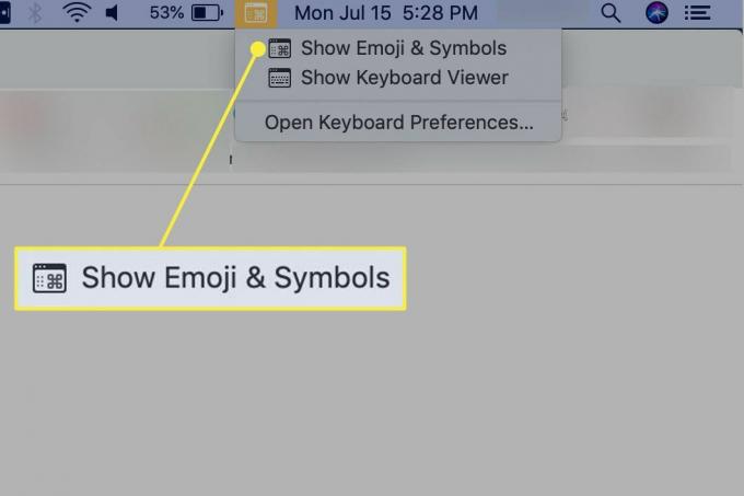 La commande " Afficher Emoji & Symboles "