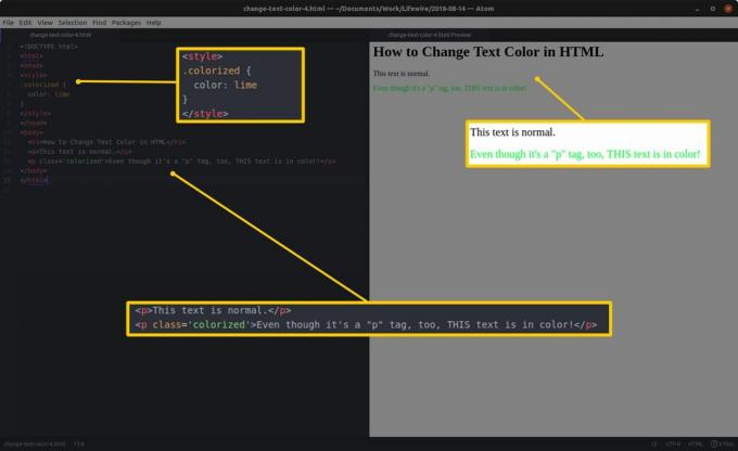 Éditeur de code avec HTML et sections en surbrillance à gauche et aperçu HTML et résultats en surbrillance à droite