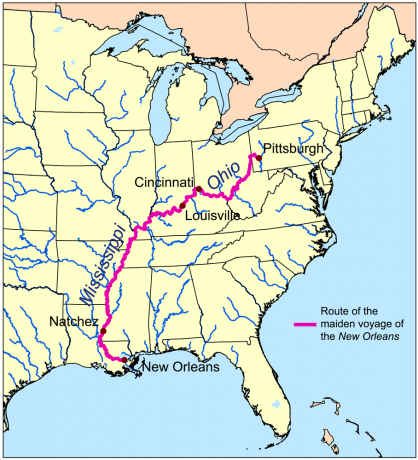 Carte montrant l'itinéraire du voyage inaugural du bateau à vapeur de Robert Fulton à la Nouvelle-Orléans.