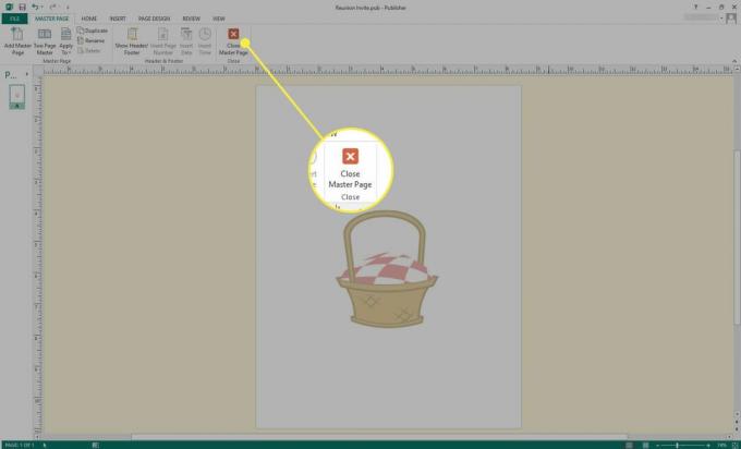 Une capture d'écran de Microsoft Publisher avec le bouton Fermer la page maître mis en surbrillance