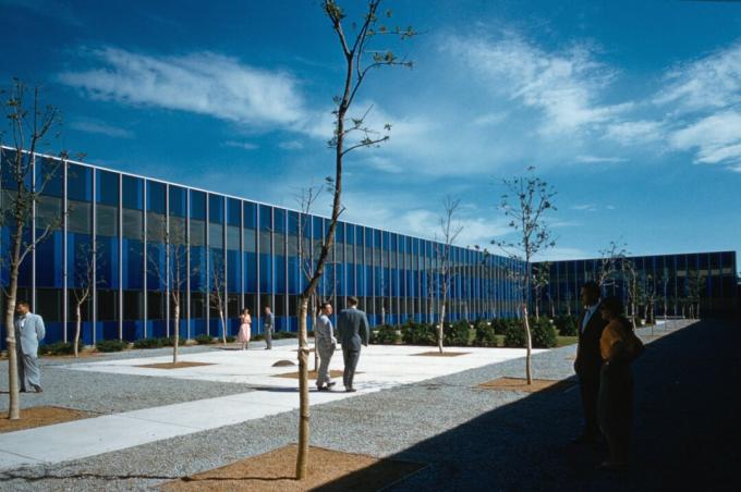 fenêtres teintées en bleu du centre IBM conçu par Eero Saarinen, Rochester, Minnesota, v. 1957