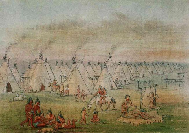 Gravure d'un village comanche par George Catlin