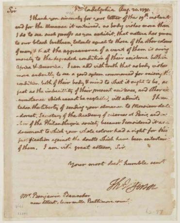 Lettre de Thomas Jefferson de 1791 à Benjamin Banneker