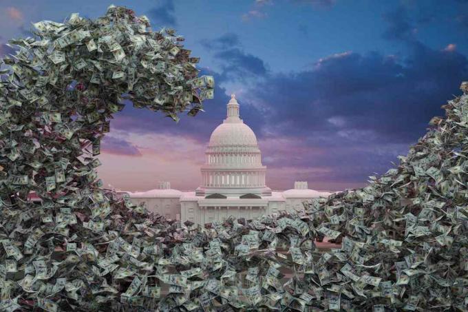 Flux de billets en dollars volant autour du Capitole des États-Unis.