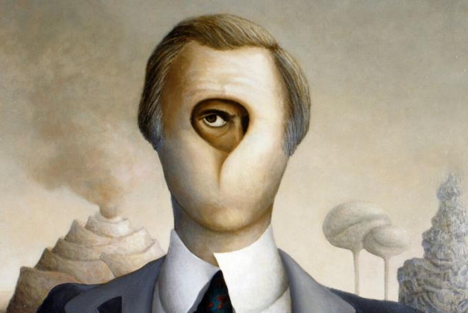 Peinture surréaliste d'un homme avec un œil visible derrière un masque.