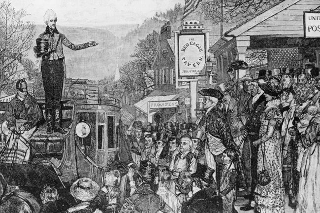 Andrew Jackson debout sur un autocar saluant ses supporters, en route pour Washington pour devenir le 7e président des États-Unis en 1829.