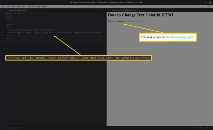 Éditeur de code avec HTML et sections en surbrillance à gauche et aperçu HTML et résultats en surbrillance à droite