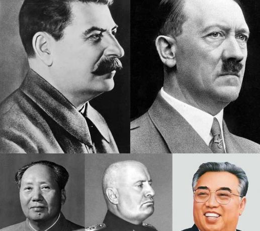 Collage de dirigeants totalitaires (chaque rangée - de gauche à droite) Joseph Staline, Adolf Hitler, Mao Zedong, Benito Mussolini et Kim Il-sung.