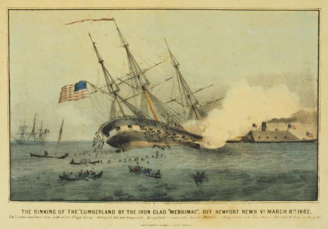 Une lithographie illustrant l'attaque dévastatrice contre le USS Cumberland par le CSS Virginia.