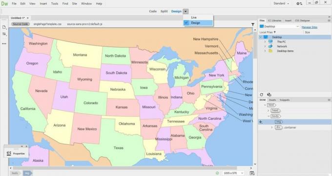 Une carte des États-Unis en mode Conception dans Adobe Dreamweaver