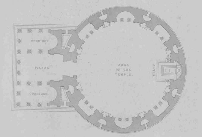 plan d'étage avec zone circulaire du temple avec couloirs et place à gauche