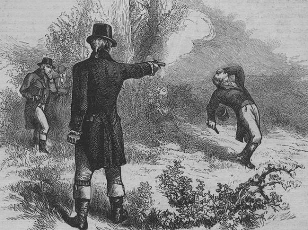 Le vice-président Aaron Burr tue l'ancien secrétaire au Trésor Alexander Hamilton lors d'un duel le 11 juillet 1804.