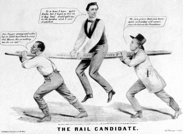 Lincoln dépeint comme le candidat ferroviaire dans une caricature politique.