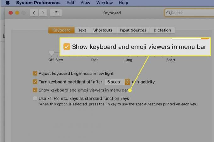 Le paramètre « Afficher le clavier et les visionneuses d'emoji dans la barre de menus »
