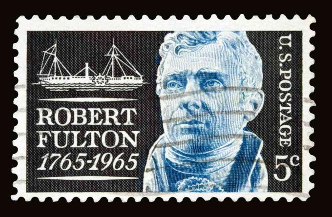 Un timbre-poste américain de 5 cents émis en 1965 montrant l'ingénieur américain Robert Fulton