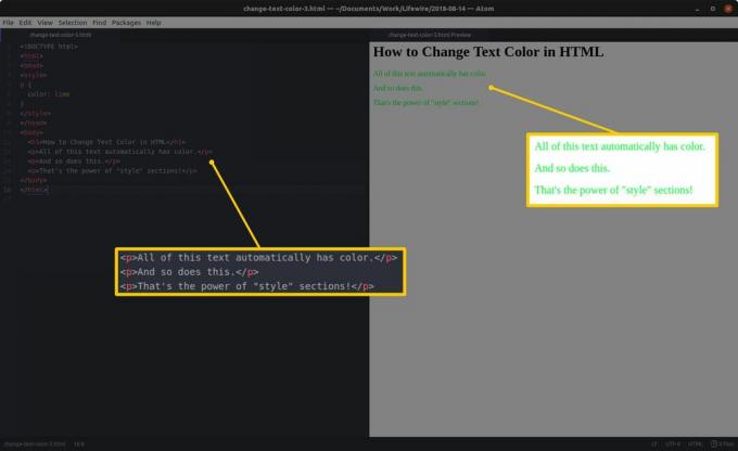 Éditeur de code avec HTML et sections en surbrillance à gauche et aperçu HTML et résultats en surbrillance à droite