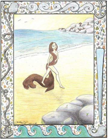 Une femme selkie sort de la mer et perd sa peau de phoque.