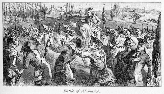 Les forces de milice du gouverneur Tryon tirent sur les régulateurs pendant la bataille d'Alamance, la bataille finale de la guerre de la régulation.