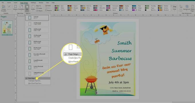 Une capture d'écran de Microsoft Publisher avec la commande Mise en page en surbrillance