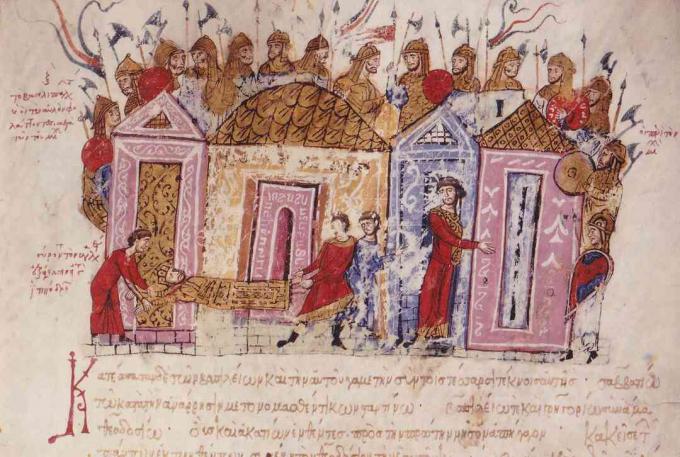 La garde varangienne (miniature des Skylitzes de Madrid), 11e-12e siècle. Collection de la Biblioteca Nacional, Madrid, Espagne.