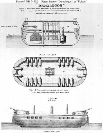 Dessin du navire de guerre à vapeur de l'inventeur Robert Fulton, Demologos