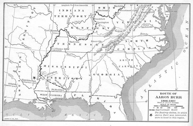 La carte illustre l'itinéraire approximatif de l'ancien vice-président américain Aaron Burr lors de son voyage sur le fleuve Mississippi dans ce qui est devenu connu sous le nom de conspiration Burr en 1806-1807